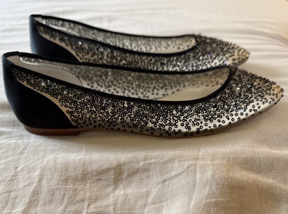 Women's Bella Belle Ariel Sequin & Crystal Flat Heels Size 8.5 sheer rhinestone